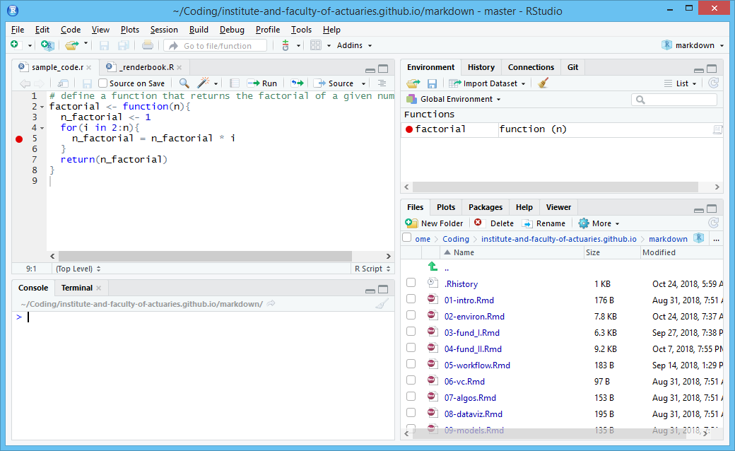 \label{fig:figs}RStudio with a breakpoint on line 5