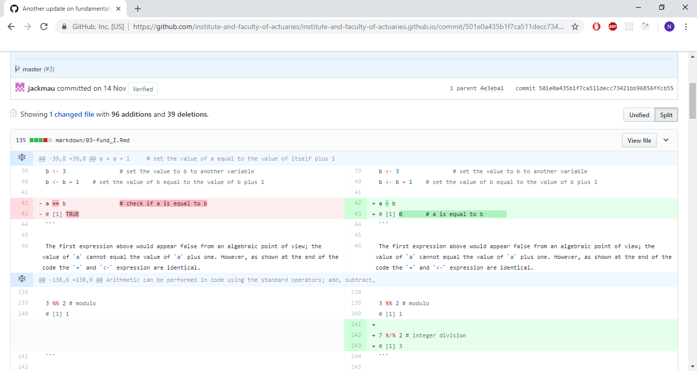 \label{fig:figs}Github view of the file differences between two commits.